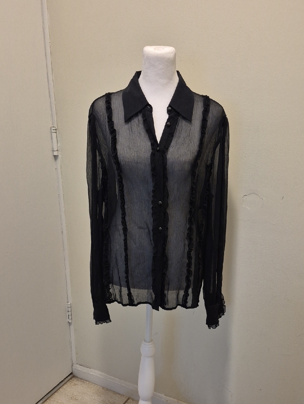 Sheer Long Sleeved Button Down Black Silk Blouse With Ruffles